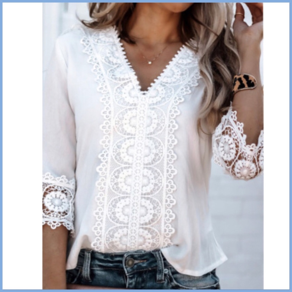 White V neck blouse with crochet details - Picture 2 of 7